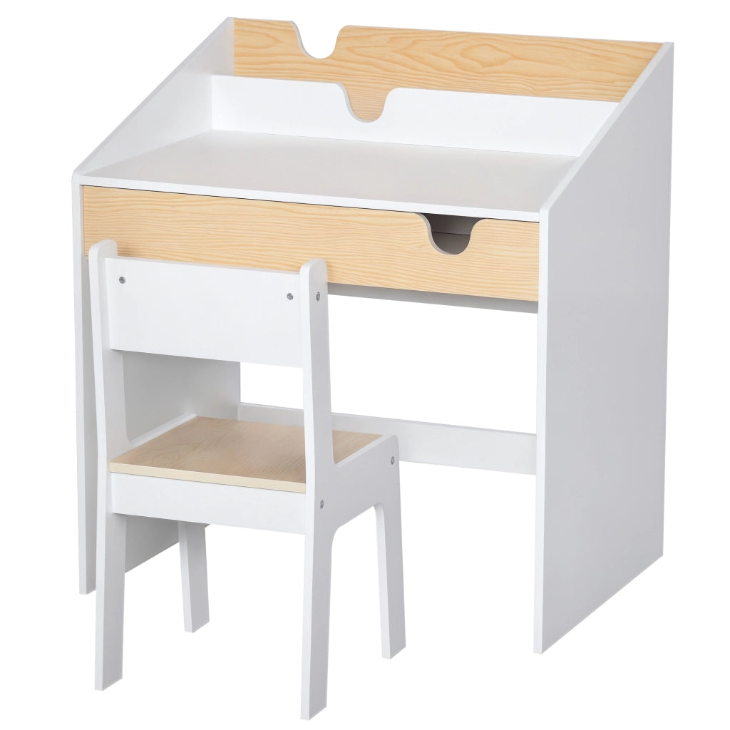 Set Scrivania e Sedia per Bambini con Cassetto e Scaffale, Bordi Arrotondati, Et¨¤ 6-10 Anni, Bianco e Legno