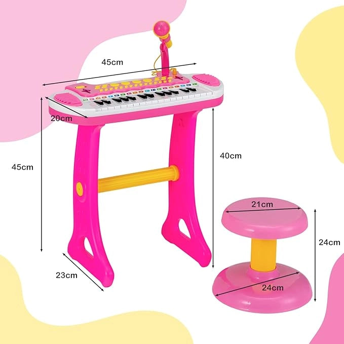Pianoforte Digitale per Bambini 31 Tasti, Tastiera Elettronica Portatile, con Microfono e Luci, Funzionamento Registrazione e Playback, 3+ Anni, 45x23x45 cm (Rosa)