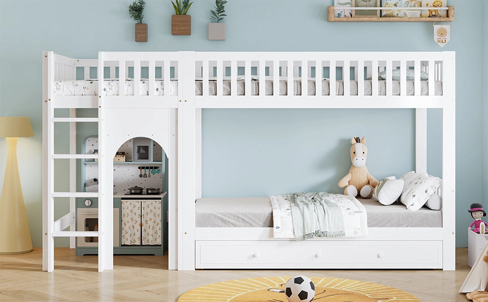 LETTO a castello 90x200 cm in legno massello e MDF bianco e naturale