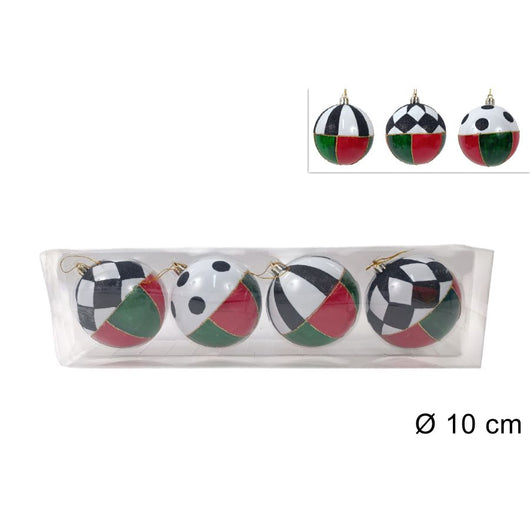PALLINE DI NATALE 10CM 4 PZ ASS ROSSO/VERDE CON DECORO SCACCHI IN BOX PVC