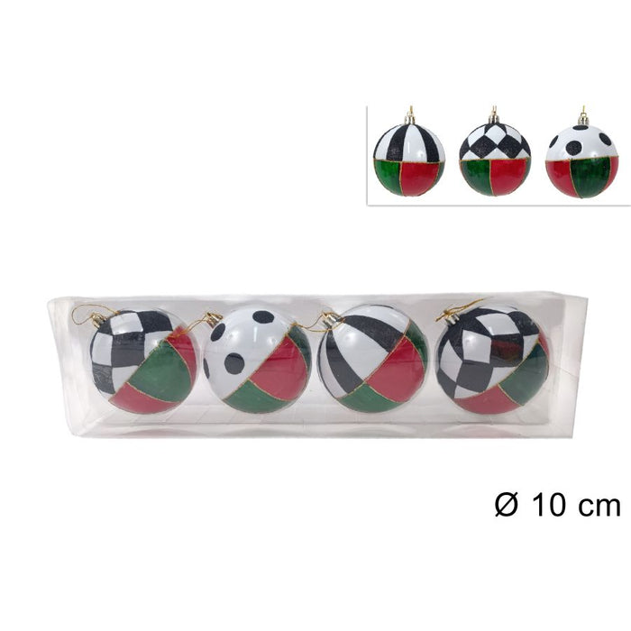 PALLINE DI NATALE 10CM 4 PZ ASS ROSSO/VERDE CON DECORO SCACCHI IN BOX PVC