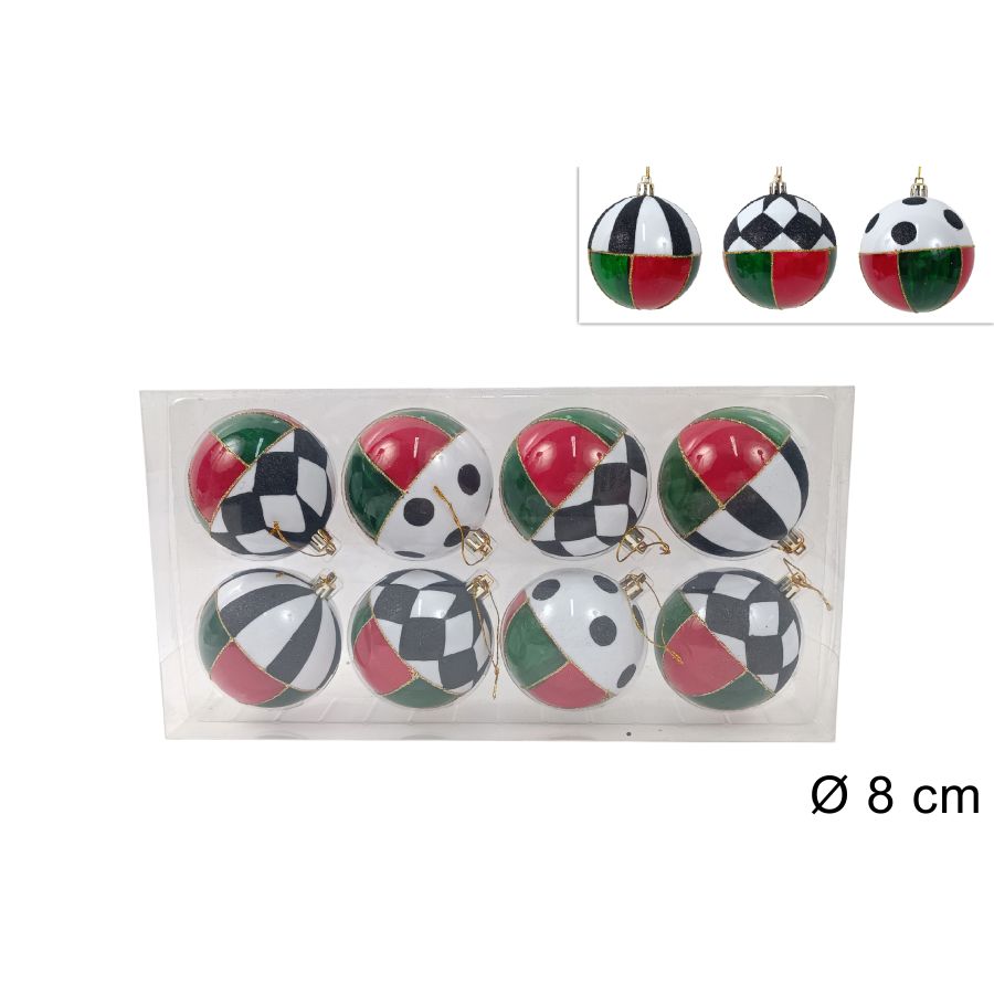 PALLE 8CM 8PEZZI ASSORTITI ROSSO/VERDE CON DECORO SCACCHI IN BOX PVC