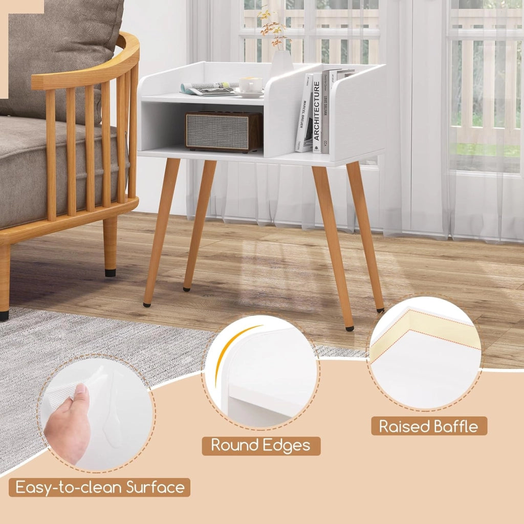 Comodino, comodino con 3 scomparti aperti, tavolino in legno con 4 gambe di supporto in metallo, comodino per soggiorno, camera da letto, 50 x 32 x 58 cm (bianco + naturale)
