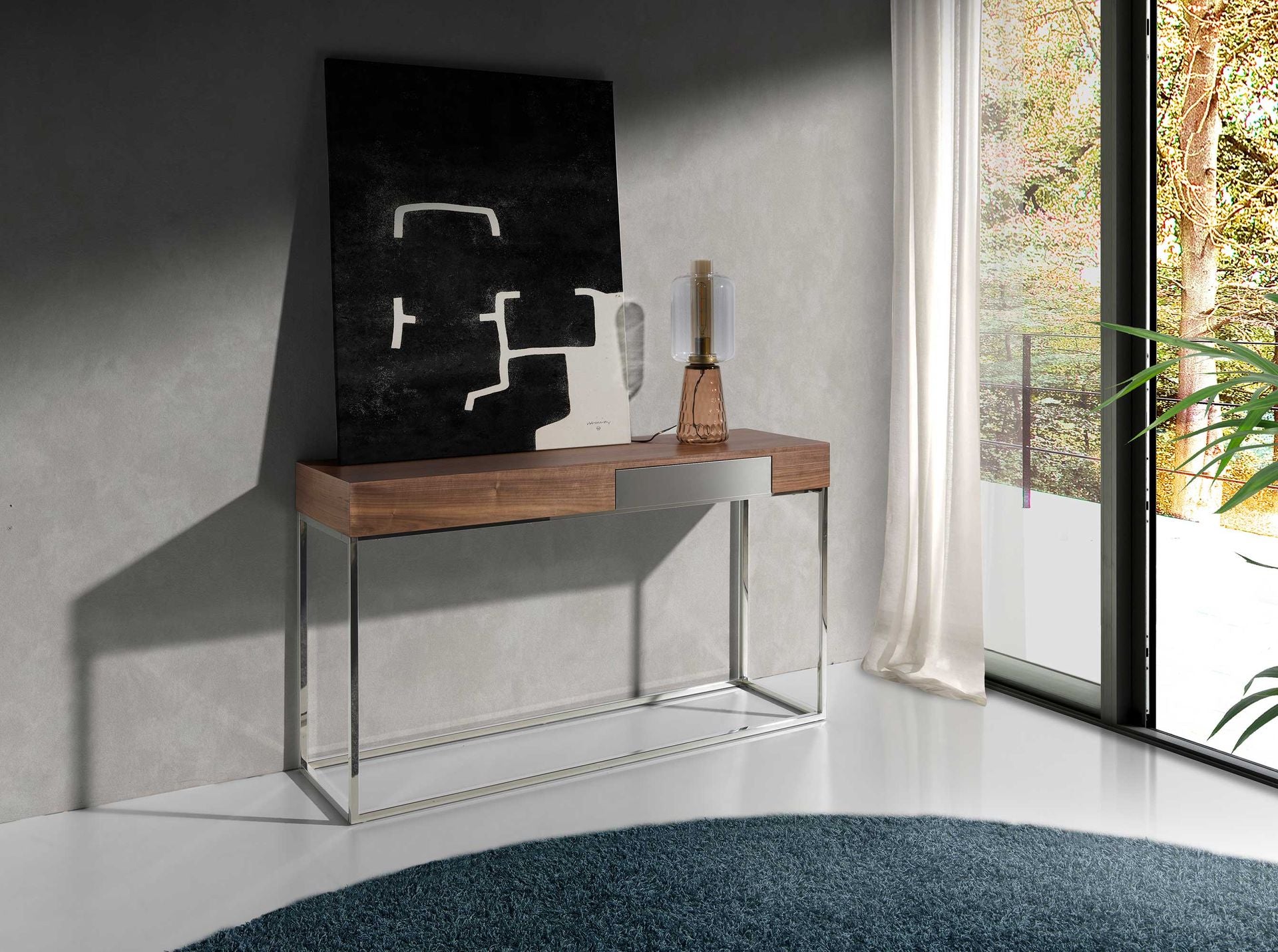 Consolle rettangolare in noce e acciaio cromato