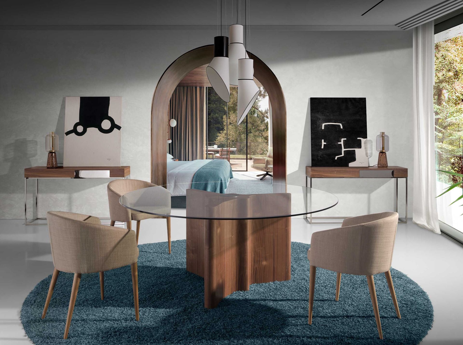 Consolle rettangolare in noce e acciaio cromato