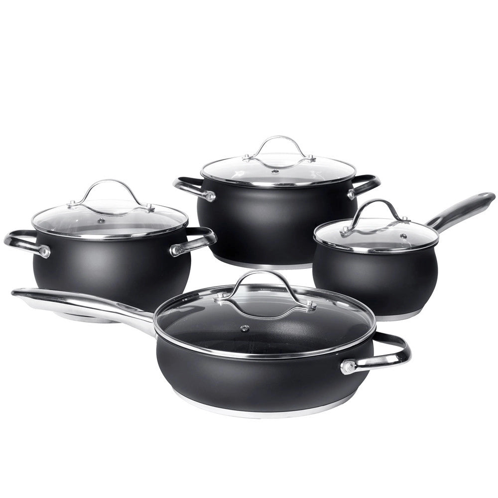 Trade Shop - Set Batteria Di Pentole Con Coperchi 8 Pezzi In Acciaio Inox Linea Blackcook Cucina -
