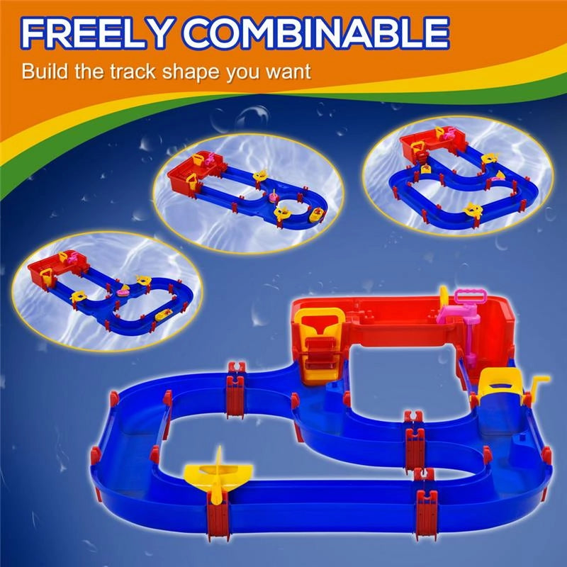 PLAYSET ACQUATICO 53 PEZZI CON ACQUA E SABBIA, PERCORSO ACQUATICO PER BAMBINI 3-6 ANNI CON ACCESSORI E PARTI COMPONIBILI, IN PP, 123X90X7CM, BLU E ROSSO