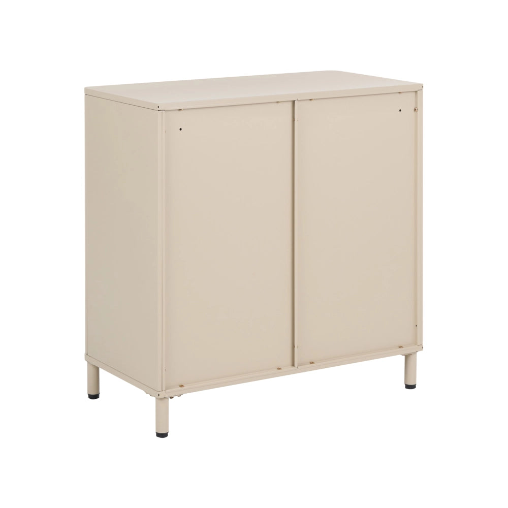 Credenza multimediale in acciaio a 2 ante, colore beige, con angoli arrotondati e maniglie dorate