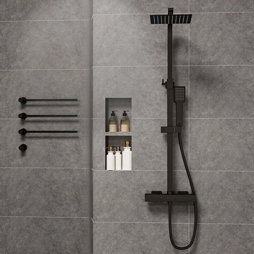 Colonne doccia nero, soffione doccia quadrato 20x20cm acciaio inox, miscelatore termostatico doccia rettangolo antiscottature