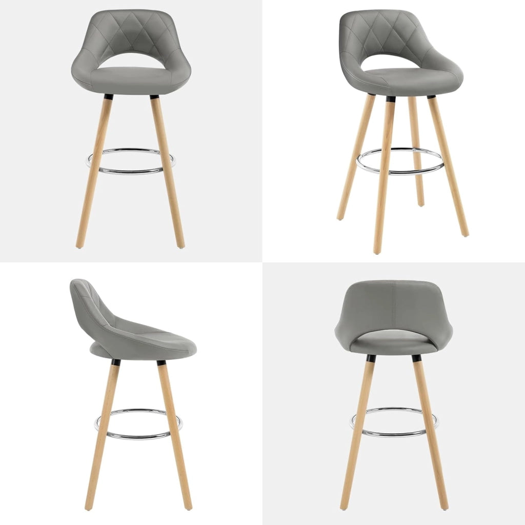 Sgabelli da Cucina Set di 4, Sgabello da Bar per Colazione, Sgabelli Alti con Poggiapiedi e Schienale, Sedile in Pelle Sintetica+Gambe in Legno, Grigio, BH111gr-4