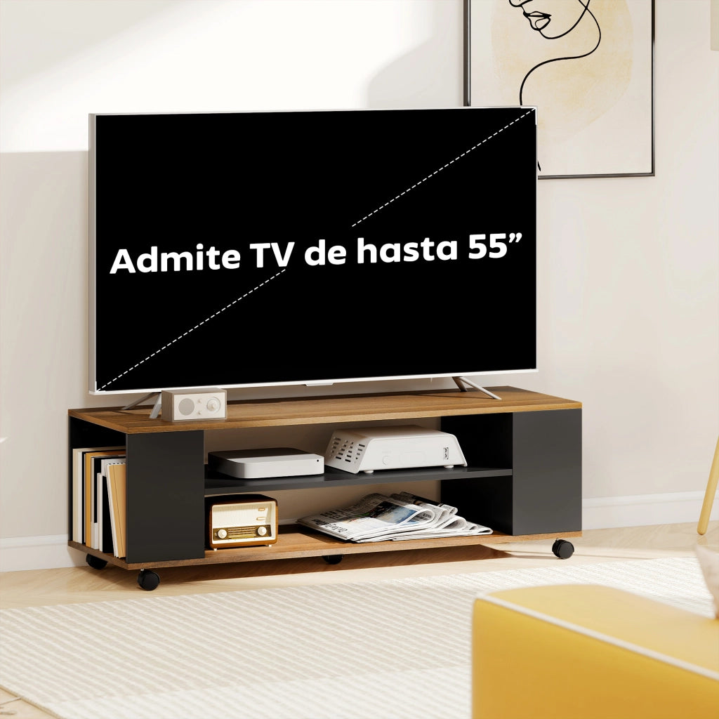 Mobile TV con ruote ¨C Xylo ¨C 4 ripiani, legno noce e nero, 120x40x38,5 cm