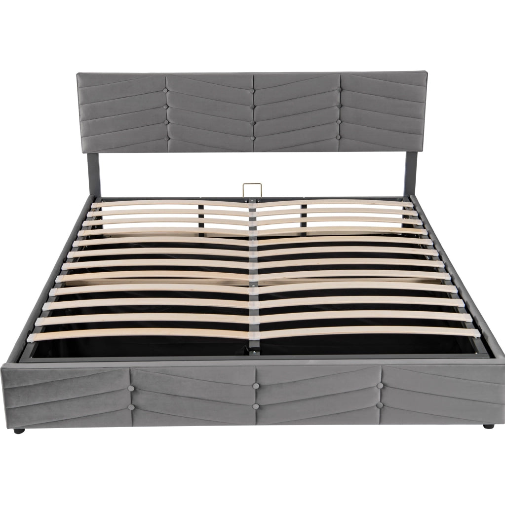 Letto matrimoniale 160x200 cm in velluto grigio con contenitore e testiera regolabile