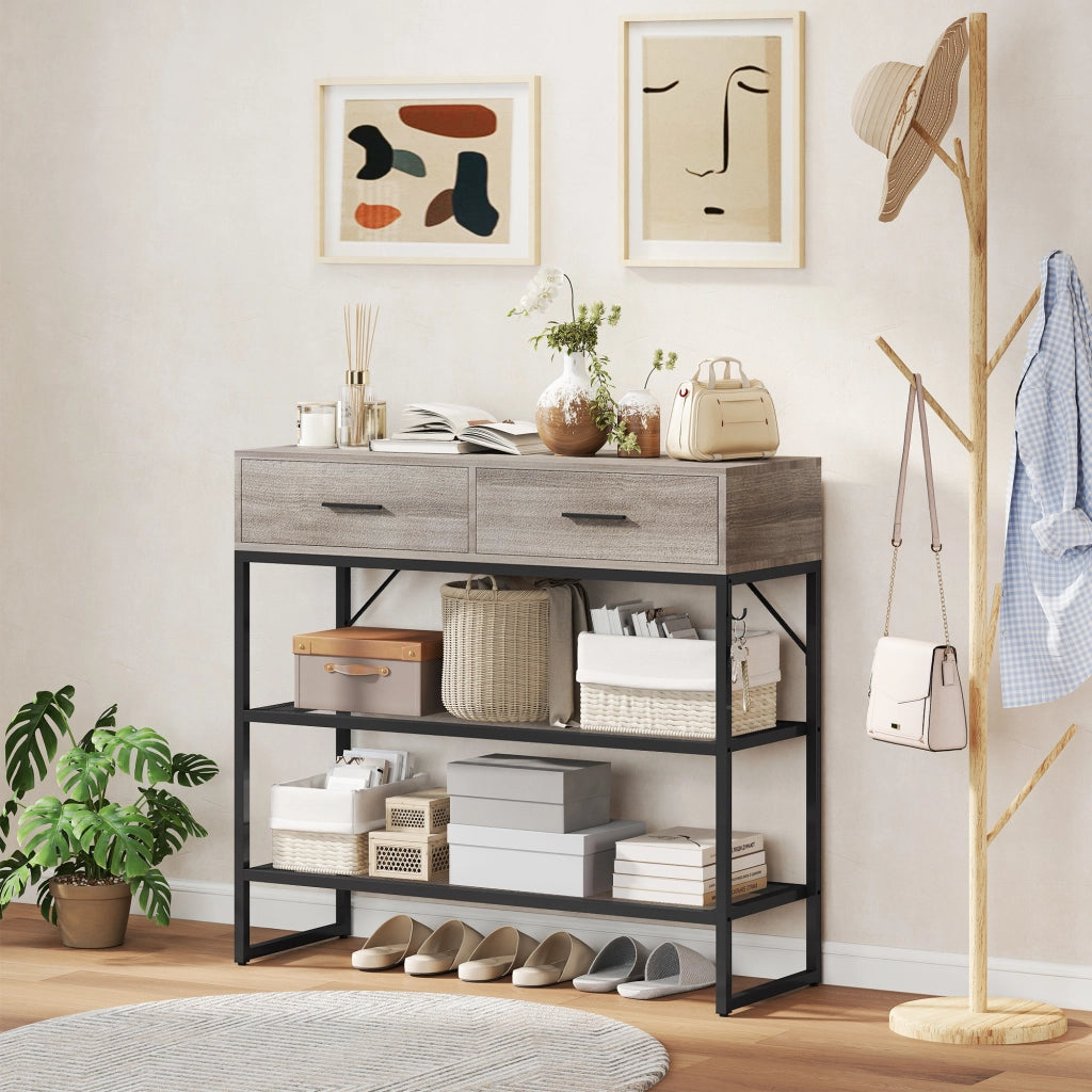 Consolle da Ingresso con Cassetti e Appendiabiti ¨C zephmum ¨C Legno e Metallo, 100x35x92 cm, Nero