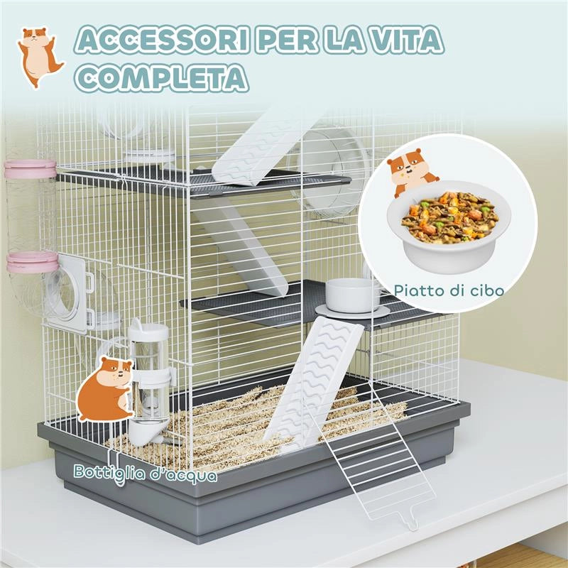 GABBIA PER CRICETI A 4 LIVELLI E 16 TUBI CON CASETTA, RAMPA, E ACCESSORI, IN METALLO E PLASTICA, 47X30X70 CM, GRIGIO