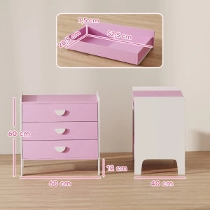 Cassettiera per bambini con 3 cassetti, struttura in legno, colore rosa e bianco