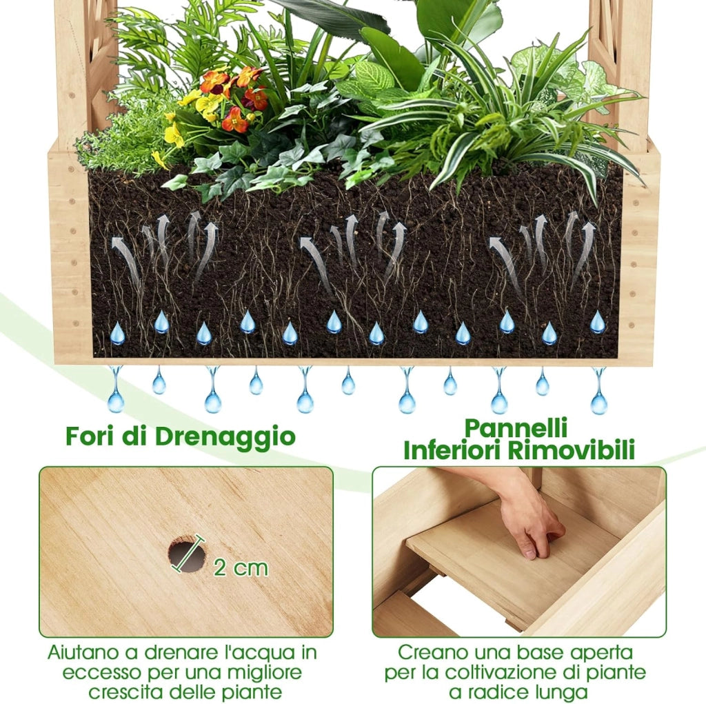 Letto da Giardino Rialzato con Traliccio, Fioriera Rialzata in Legno con Tetto Pendente, Fori di Drenaggio per Piante Rampicanti, Fiori e Verdure (Naturale)
