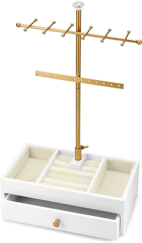 Supporto per gioielli 2 in 1 Bianco con base per caricabatterie per collane, orecchini, anelli, bracciali (23x12,5x38 cm)
