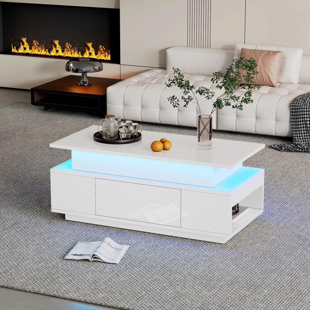 Tavolino da caffè bianco con piano sollevabile, LED e cassetto