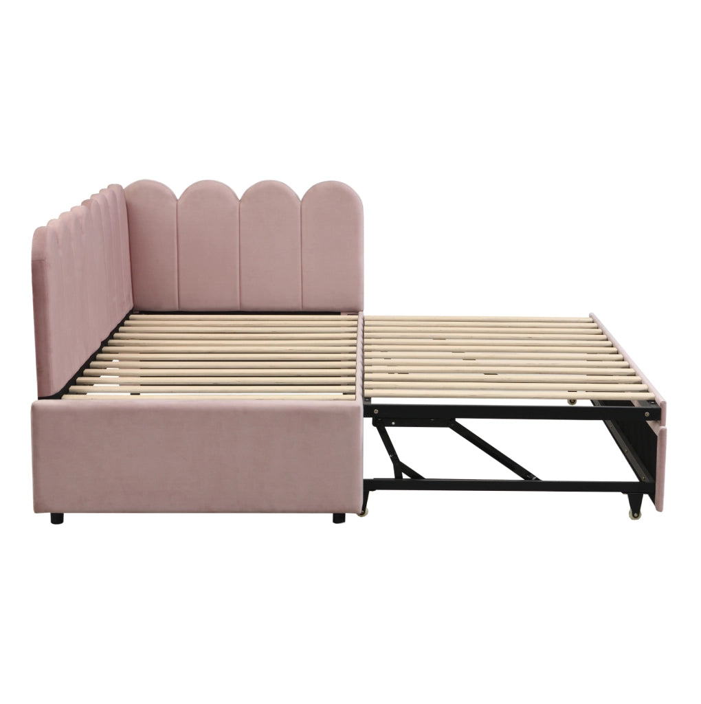 Divano letto 90x200 cm; estraibile a L; tessuto effetto velluto; rosa
