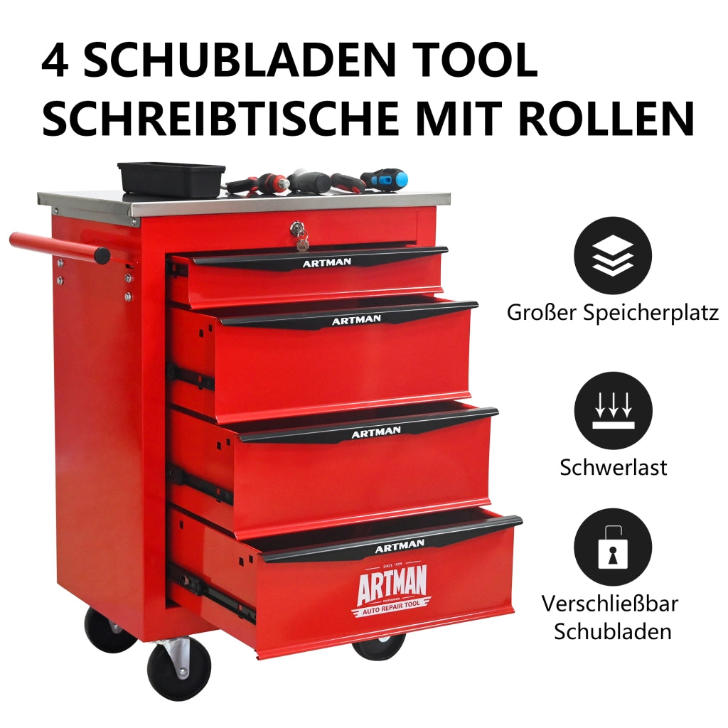CARRELLO PORTA ATTREZZI 4 CASSETTI 62,5x34,5x78 cm Acciaio Rosso/Nero