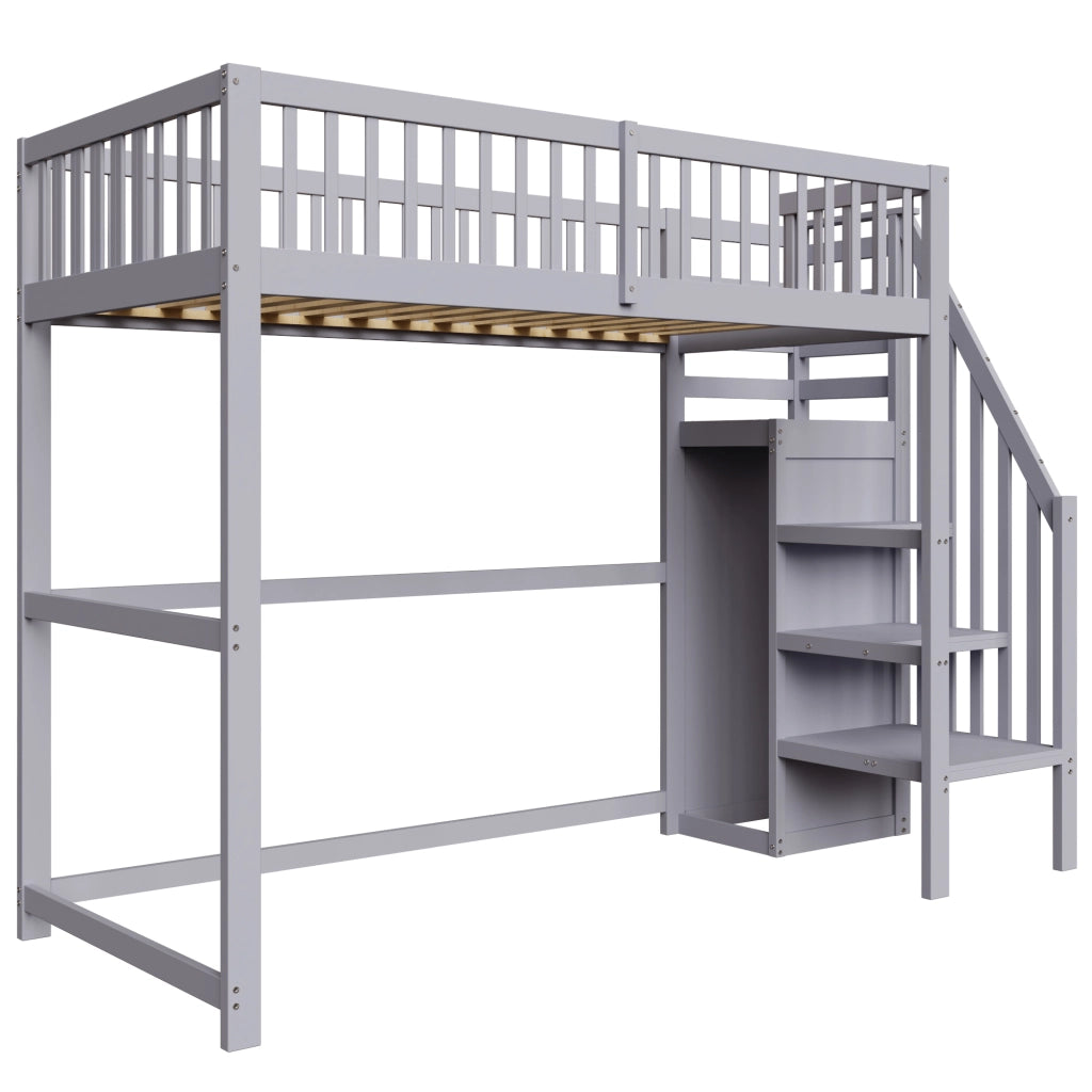 Letto a soppalco singolo 90×200 cm con scala; armadio e ripiani; senza materasso; legno; grigio