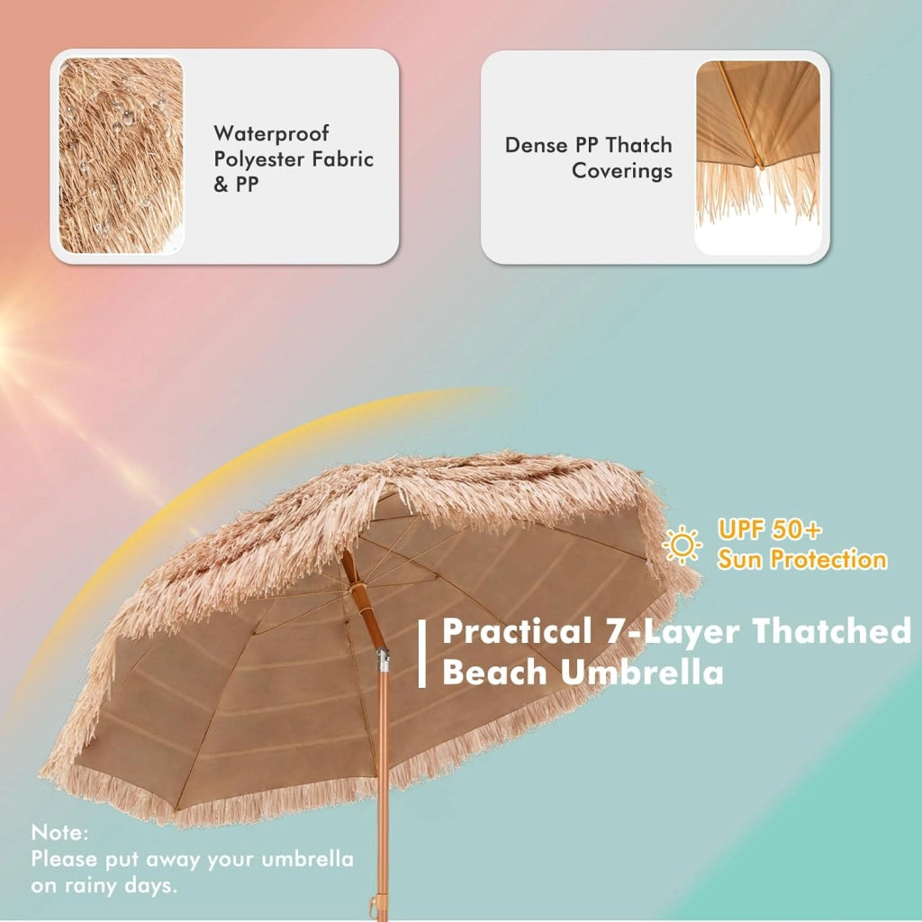 Ombrellone hawaiano, φ208 cm, pieghevole a 30°, da balcone, in paglia con protezione solare e 8 costole, per giardino, spiaggia, attività all'aperto, naturale senza Base per Ombrellone