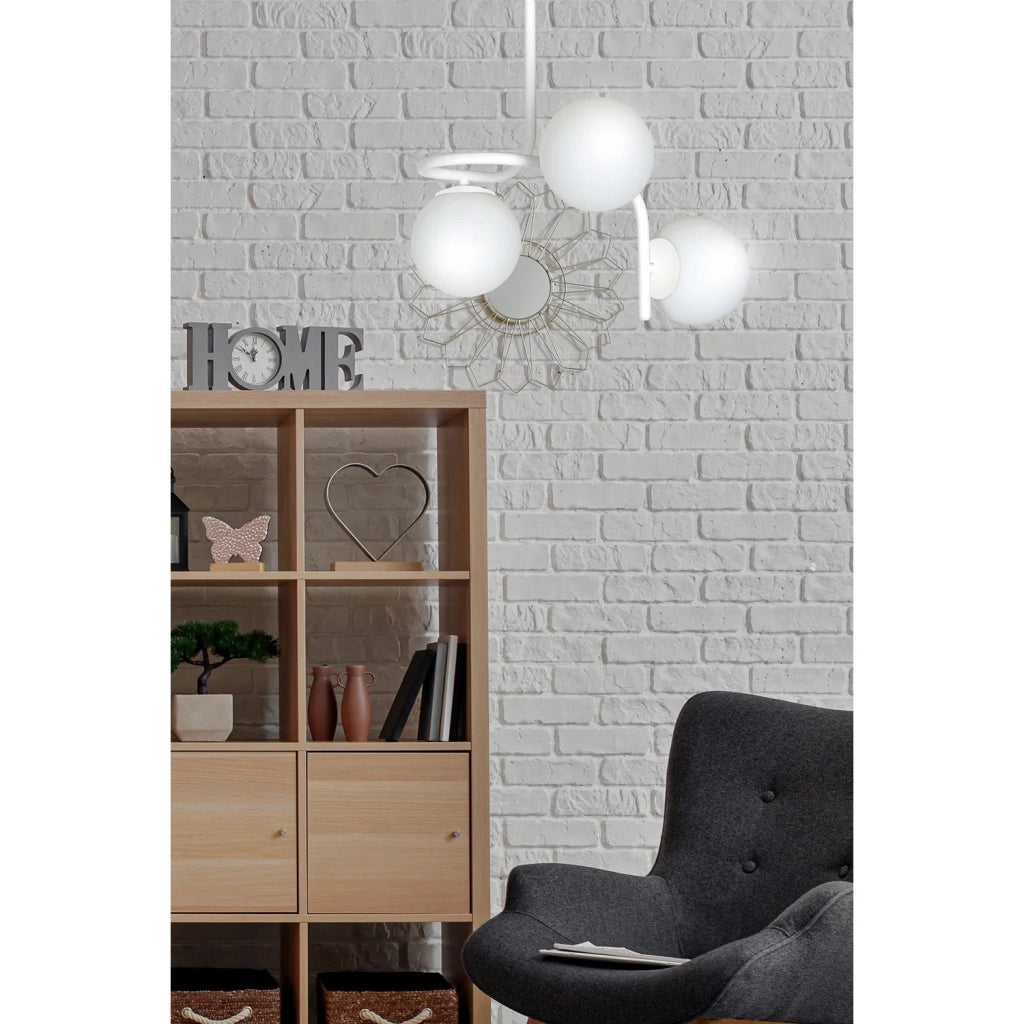 Lampadario 3 Luci Rama In Acciaio Bianco A Bracci E Sfere In Vetro Opalino