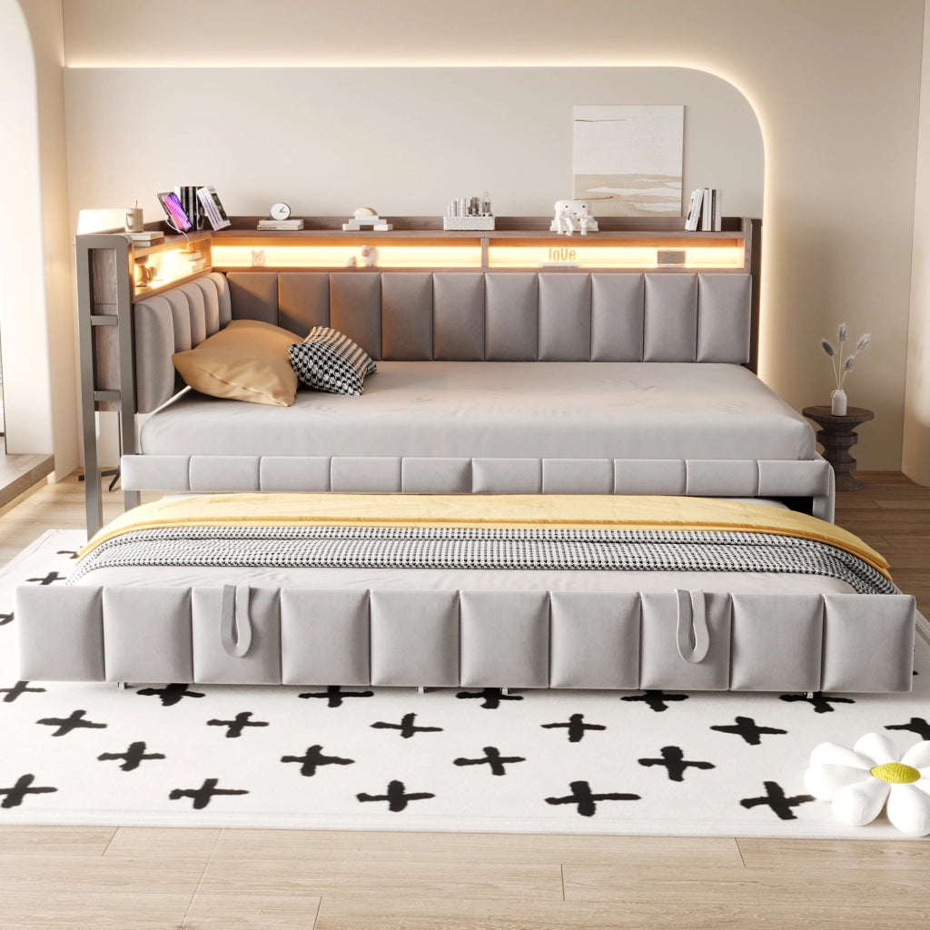 Letto estraibile singolo 90×200 cm con LED; ripiani; USB e type-C; senza materasso; tessuto; grigio