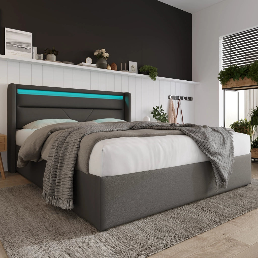 Letti contenitori 140x200 cm; con LED e sollevamento idraulico; PU grigio (Senza materasso)