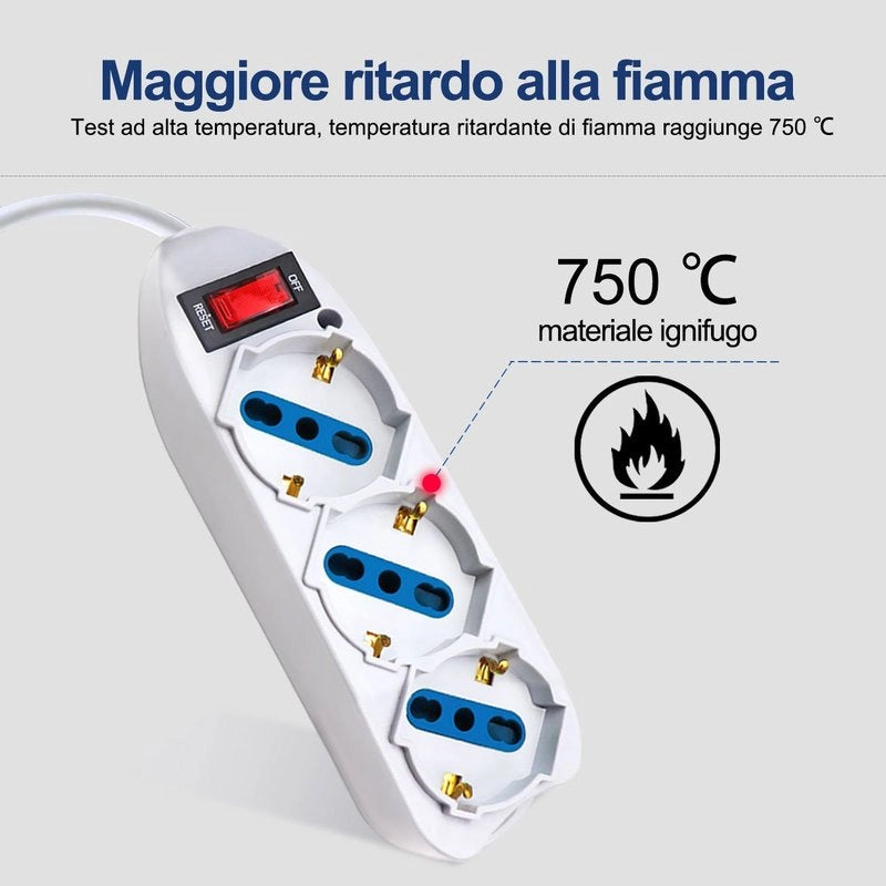 Multipresa Ciabatta Elettrica Cavo 3M Con 3 Posti Prese Universale 10/16A Schuko e Interruttore Spina 10A Laterale Bianco