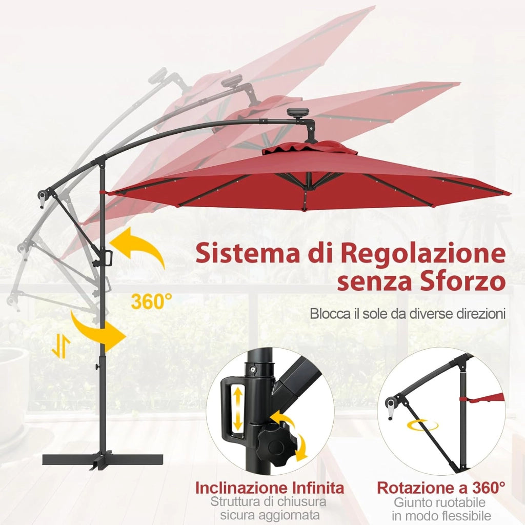 Ombrellone da Giardino ∅300 cm con 32 Luci LED, Ombrellone Prendisole con Rotazione di 360°, Inclinazione Regolabile, 8 Stecche, Manovella, per Giardino Piscina Cortile (Borgogna)