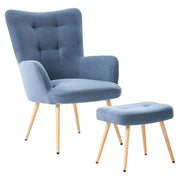Poltrona Wingback con poggiapiedi in tessuto blu stile retrò con bottoni