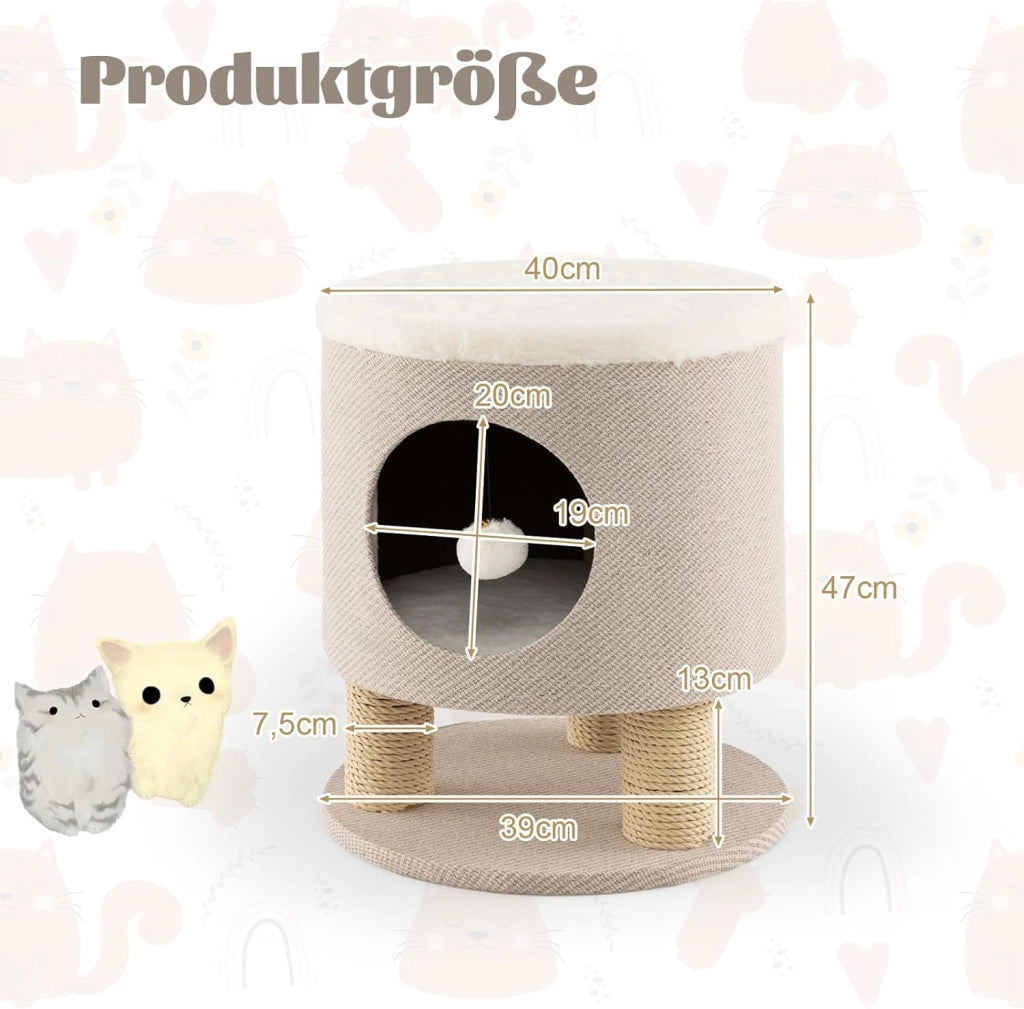 Tiragraffi per Gatti a Sgabello 47 cm, Grotta per Gatti con Palla Pompon Sospeso e 3 Tronchi Tiragraffi in Sisal, Cuccia per Gatto da Interno Piccolo Ø40, Beige