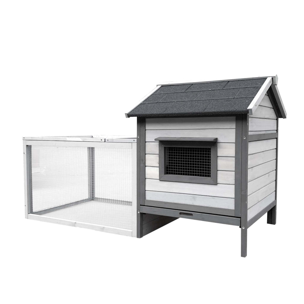 Conigliera in legno grigio chiaro 146x75x83cm con recinto e vassoio estraibile per la pulizia