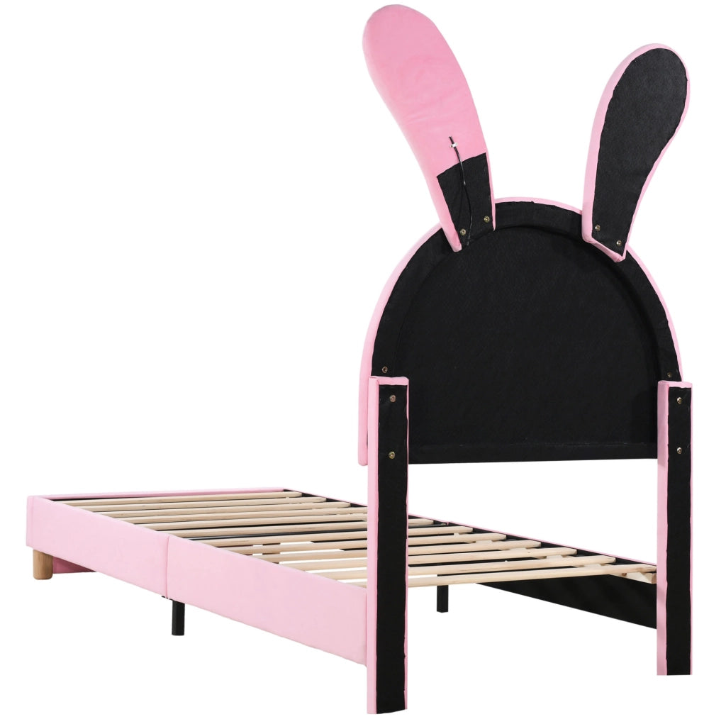 Letto rosa 90 x 200 cm con LED, panche contenitore e orecchie pieghevoli