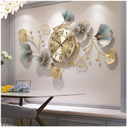 Ora grande decorativa moderna orologio da parete silenzioso, elegante orologio da parete in ferro battuto, foglia di ginkgo, orologio da parete silenzioso per soggiorno, camera da letto, ingresso, 83 * 48 cm