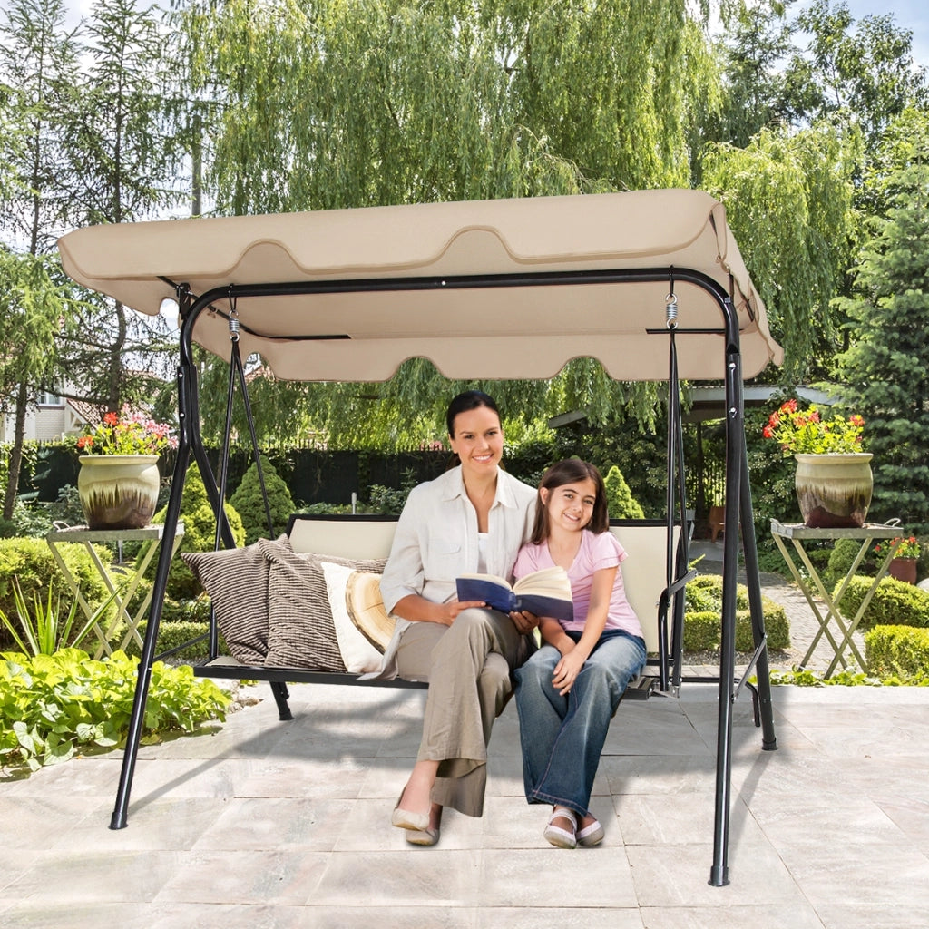 Dondolo a 3 posti con oscurante da giardino Altalena adulti da esterno 170x110x150cm Marrone chiaro-Dondoli