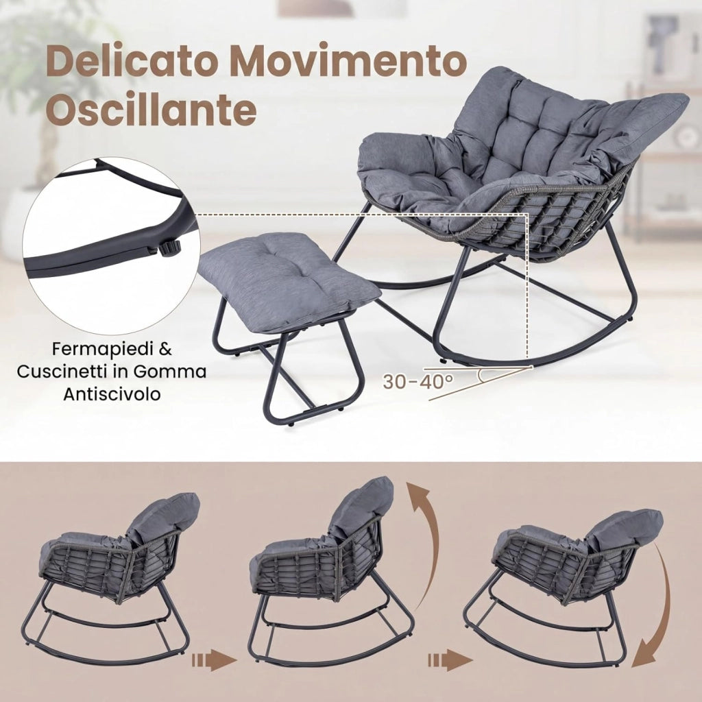 Sedia a Dondolo da Interno ed Esterno, Poltrona a Dondolo con Poggiapiedi e Cuscini Rimovibili, Poltrona Relax in Rattan con Telaio in Metallo per Soggiorno e Giardino, Portata 150 kg (Grigio)