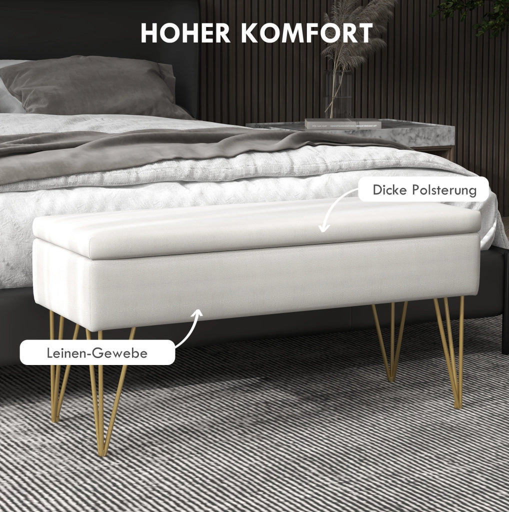 Panca contenitore imbottita crema con gambe dorate 100 cm