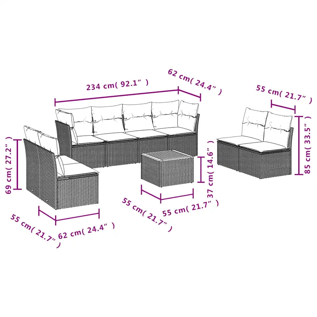 Set Divani da Giardino 9 pz con Cuscini Nero in Polyrattan