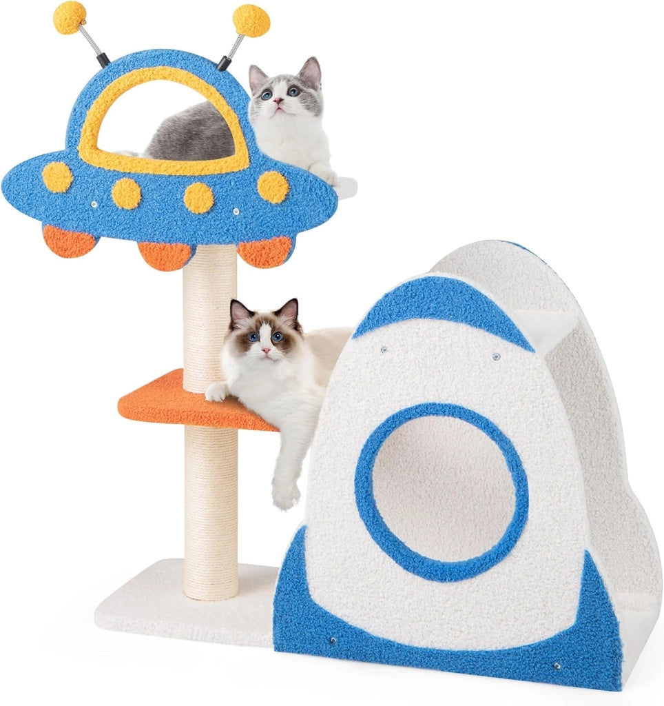 Tiragraffi per Gatti a Tema Spaziale, Albero per Gatti con Piattaforma a UFO e Pali in Sisal, Torre per Animali Domestici Interno (58 x 45 x 124cm)