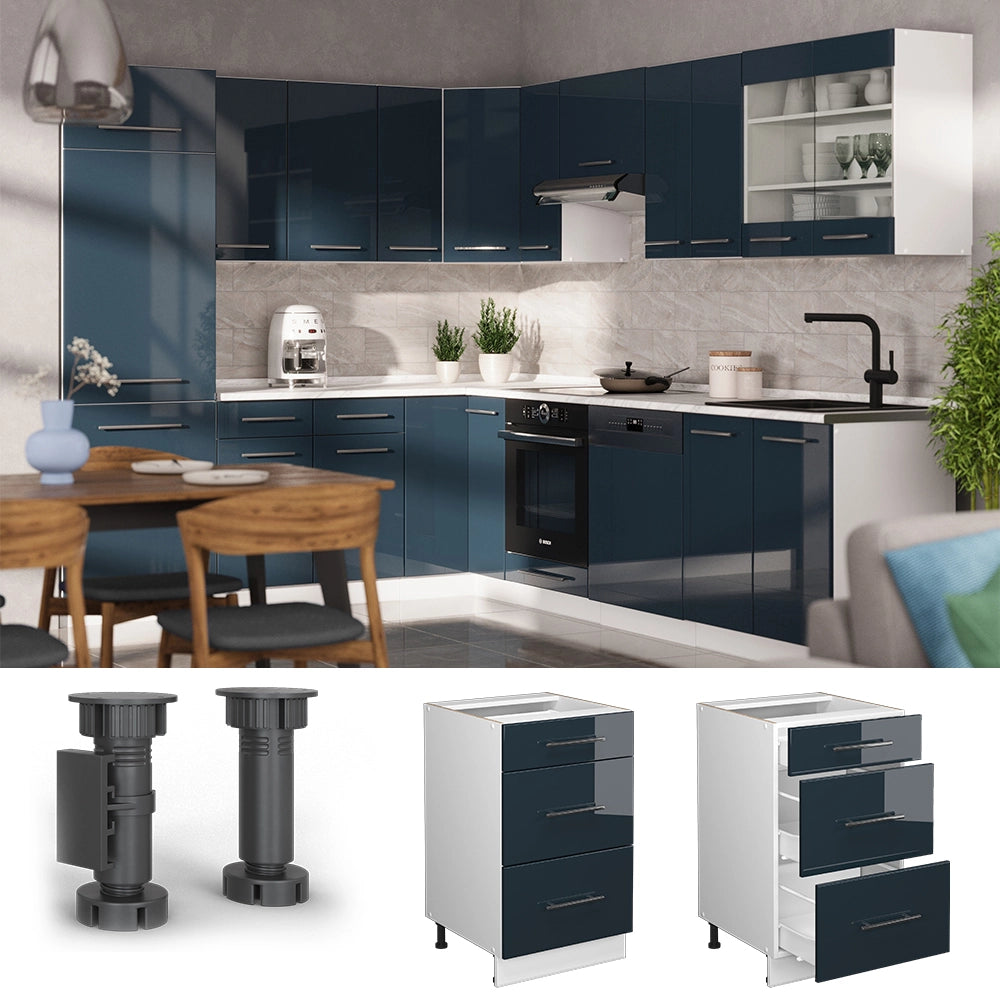 Mobiletto base per cucina Fame-Line Blu scuro lucido/Bianco 50 cm, AP Goldkraft Vicco