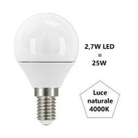 LAMPADINA SFERA PICCOLA A LED 2,7W LUCE NATURALE 4000K 250 LUMEN E14 BOT