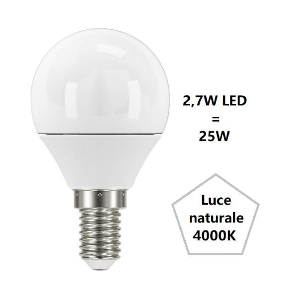 LAMPADINA SFERA PICCOLA A LED 2,7W LUCE NATURALE 4000K 250 LUMEN E14 BOT