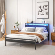 Letto 140x200 con contenitore, struttura in metallo, porta USB e illuminazione LED, testiera con vani, letto moderno per cameretta o ospiti
