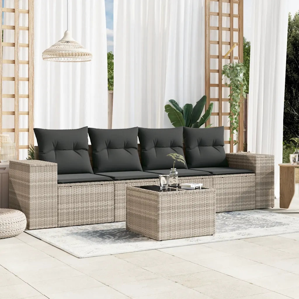 Set Divano da Giardino 5pz | Set Salotto da Giardino con Cuscini Grigio Chiaro Polyrattan