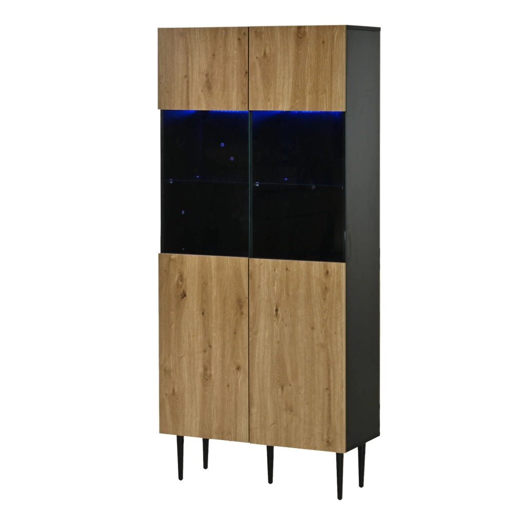 Vetrina con 2 ante e 10 vani; LED - per soggiorno - 80x35x180 cm - nero e naturale