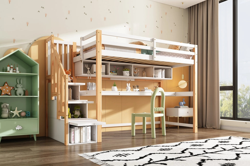 DESMIU Letto a Soppalco 1 Posto con Scala Contenitore, Scrivania e Mensole 90 × 200 cm, senza materasso, Bianco e Rovere