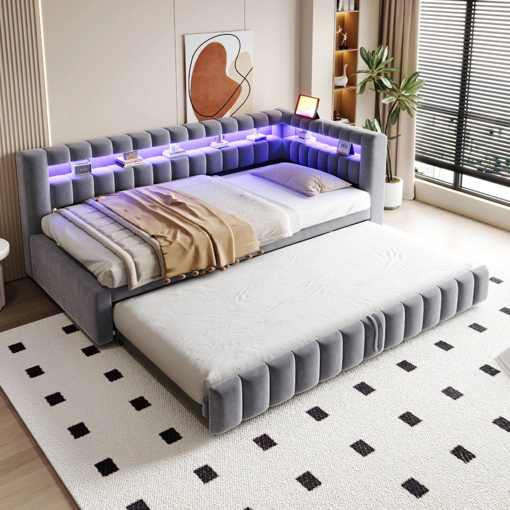 Divano letto imbottito estraibile 90x200 cm con LED, porta USB e vano portaoggetti, grigio