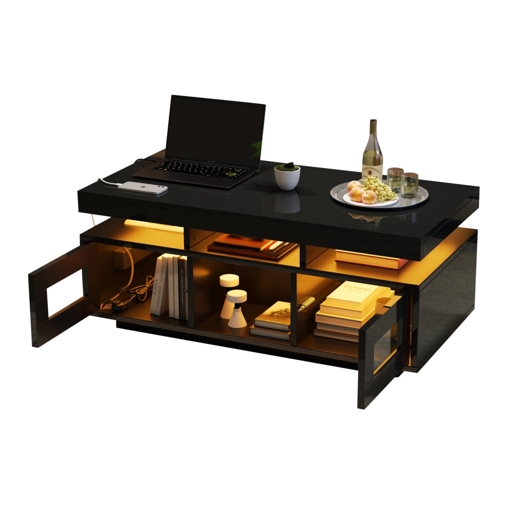 Tavolino da caffè 100x50x43 cm nero lucido con LED controllabili da app; presa e USB